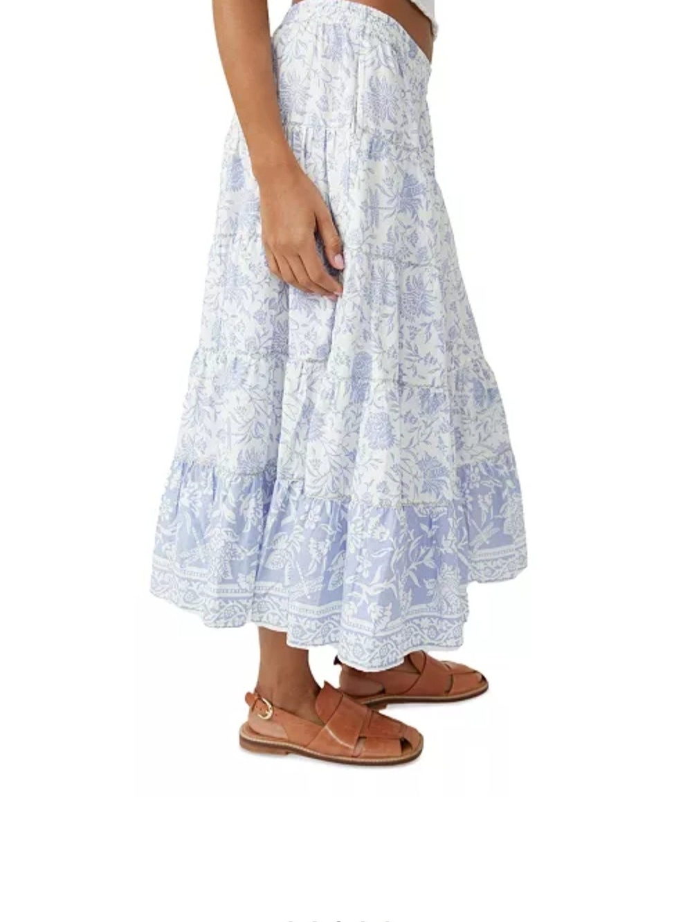 Free People Full Swing Printed Tiered Midi Skirt Blue Heron Combo NWT Size L FP - Picture 12 of 16
